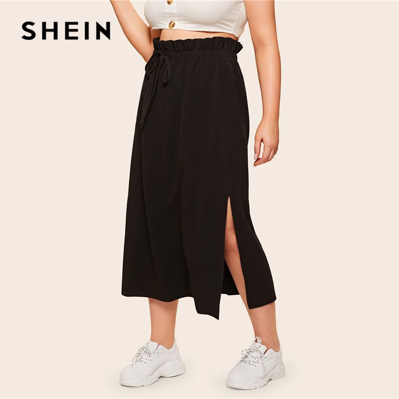 SHEIN, черная юбка размера плюс, с рюшами, на завязках, на талии, с разрезом сбоку,, Женская Весенняя Летняя Повседневная Длинная юбка макси с подолом