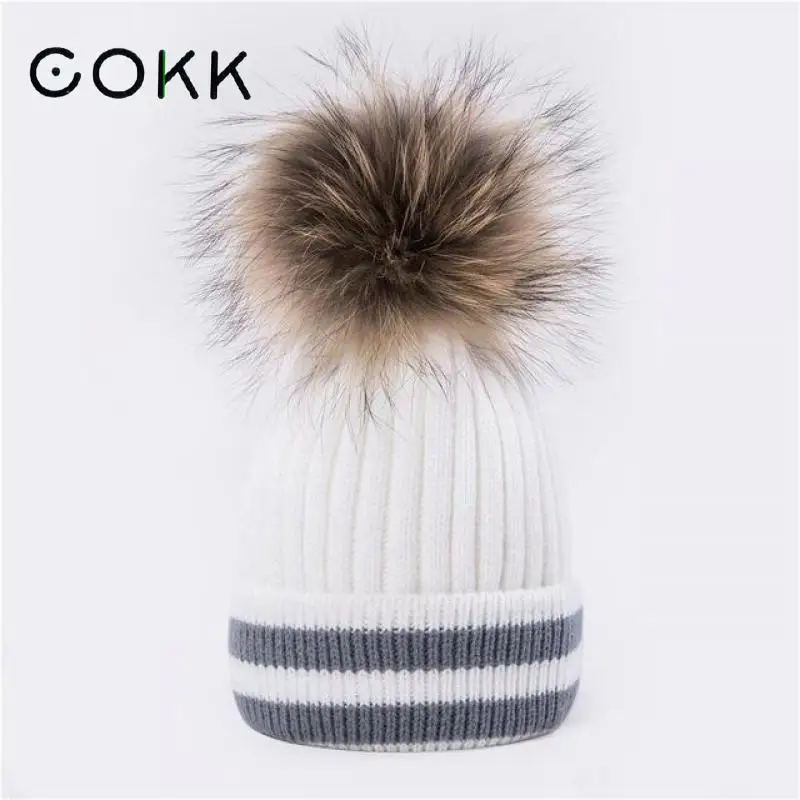 Женская зимняя шапка с помпоном из натурального меха енота|Женские Skullies и