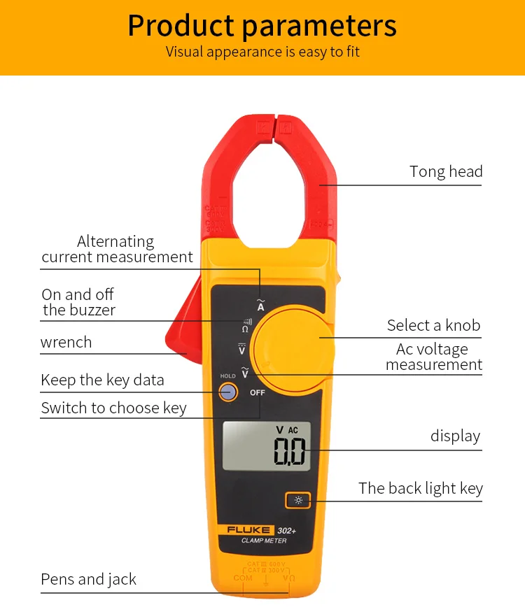 Fluke 302+ цифровой токовый клещи Амперметр тестер сопротивления переменного тока amperimetric зажим мультиметр Ампер