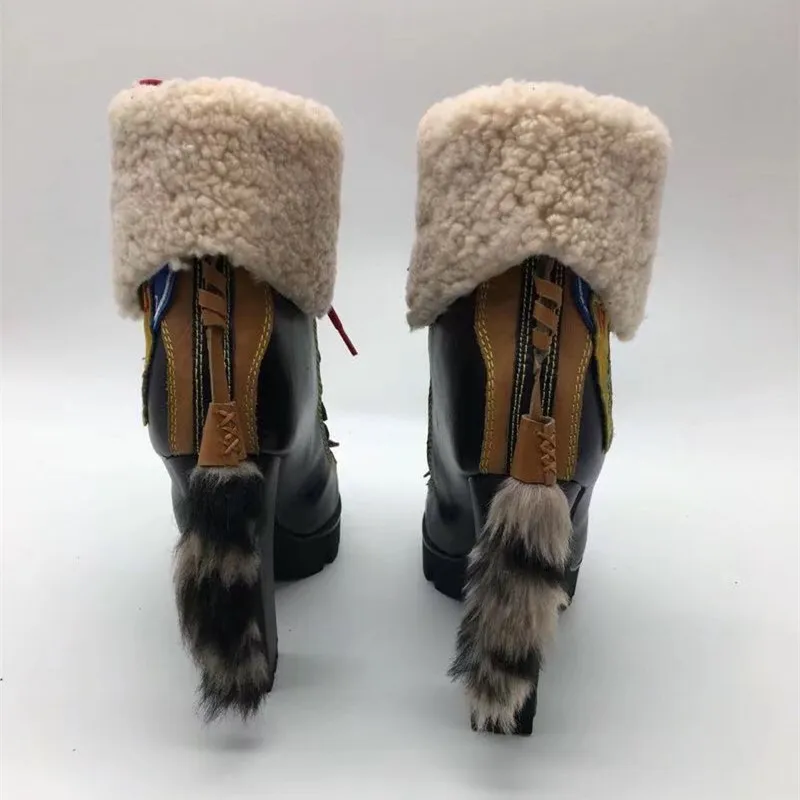 Зимние женские мотоциклетные сапоги на платформе и высоком каблуке 12 см; Botas Mujer; лоскутные шерстяные зимние сапоги с бахромой; ботильоны для женщин