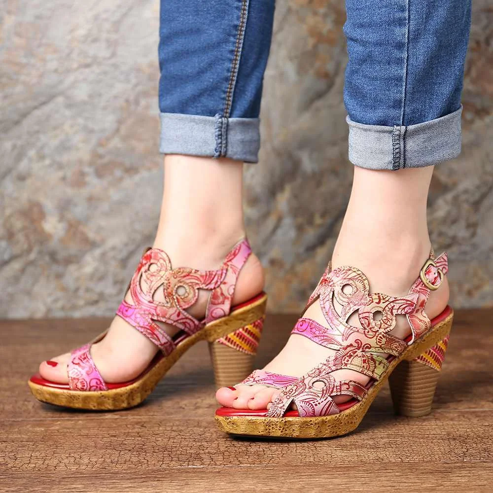 

SOCOFY Gradient Color Genuine Leather Hollow Retro Veins Comfortable Opened Sandals Elegant Women Shoes Summer High Heel Sandals