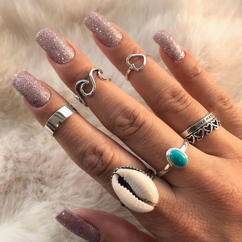 6 шт./компл. женское богемное кольцо в виде сердца волны ракушки букв драгоценных