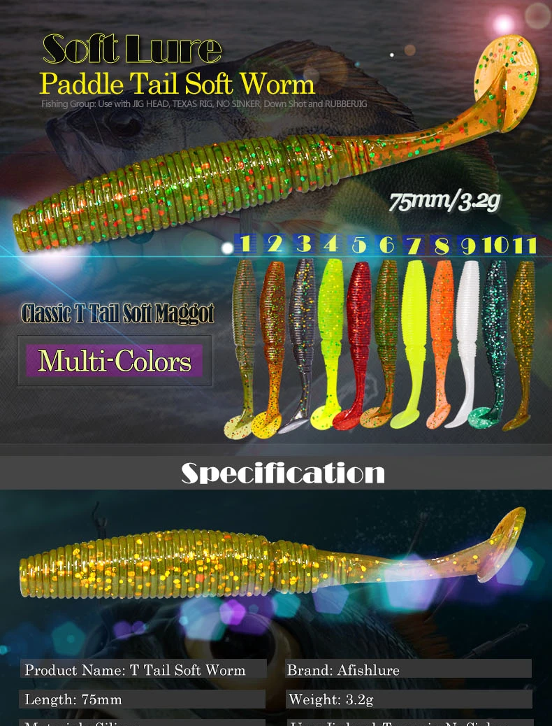 6 шт./лот, T Tail, мягкий червь, 3,2 г, 75 мм, весло, хвост, приманка, воблер, для рыбалки, Мягкая приманка для ловли на окуня, приманка для ловли рыбы