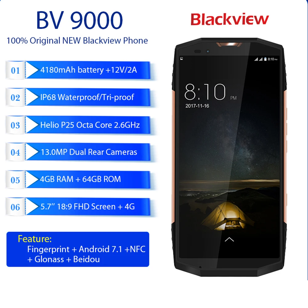 Смартфон Blackview BV9000 Helio P25, четыре ядра, 4 Гб+ 64 ГБ, 5,7 дюймов, IP68, водонепроницаемый, NFC, 4G, мобильный телефон, 4180 мА/ч, батарея Мп, камера