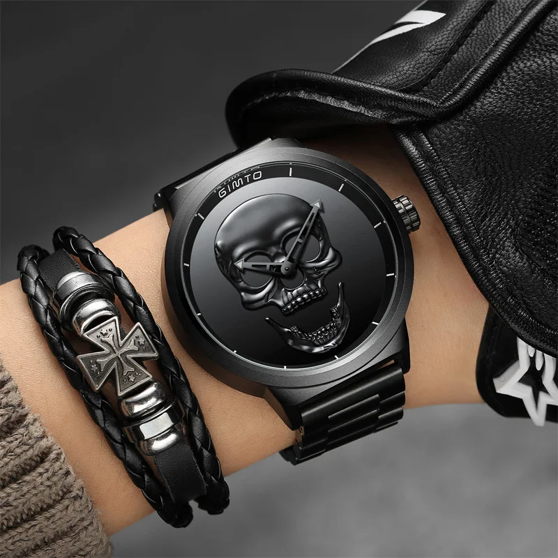 Stylish Men Skull Wristwatch Gold Creative 3D Skeleton Pattern GIMTO Brand Male's Watches Black Stainless Steel Best Gift Clock |