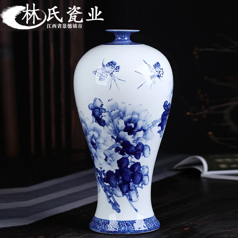 

Jingdezhen Ceramics Hand-painted Blue and White Peony Plum Vase Arrangement, Porcelain Vase and Flower Ornaments