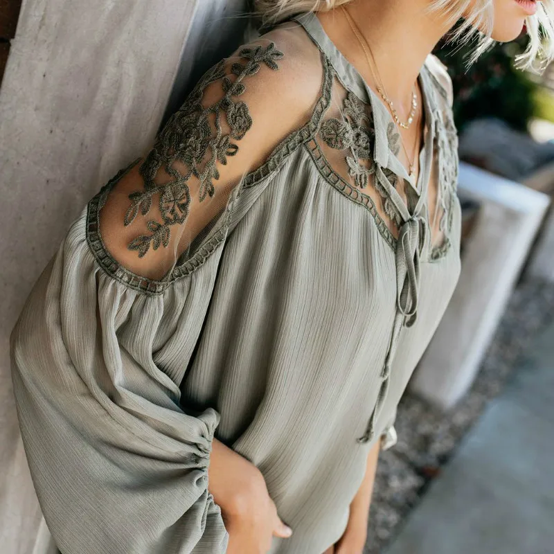2019 Summer Women Long Sleeve Blouse pure color Chiffon shirt female Plus Size Lace Sexy Thin transparent top Clothing A161 | Женская
