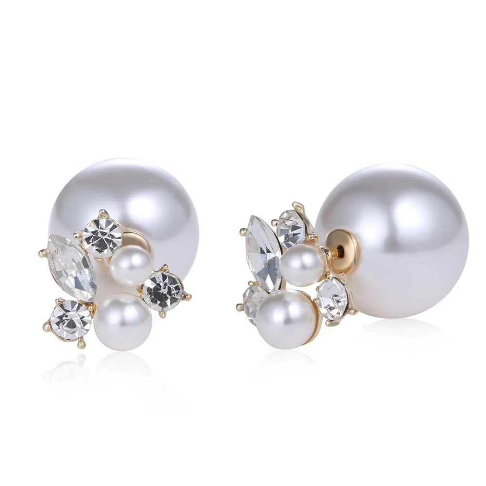 

Fashion Elegant Double Sides Pearl Stud Earring Trendy Two Ball Crystal Statement Earrings For Women Wedding Party Jewelry Gift