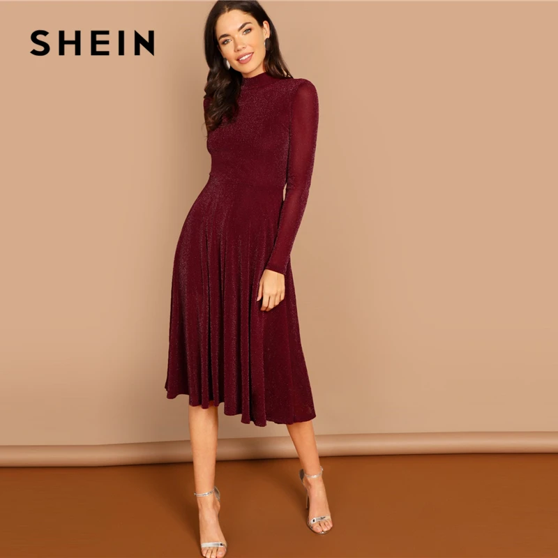 SHEIN Блестящее Платье Клёш Со Стоячим Воротником Женское Осеннее Элегантное Платье С Длинными Рукавами