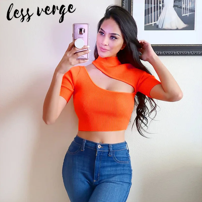 Lessverge открытая флуоресцентная Сексуальная футболка для женщин с коротким