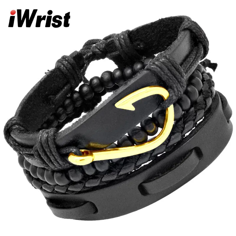 IWrist Мужской винтажный многослойный крючок настоящий черный модный кожаный