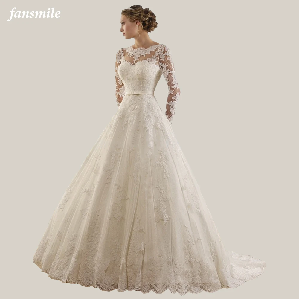 Fansmile с длинными рукавами Vestido De Noiva кружевные свадебные платья свадебное платье