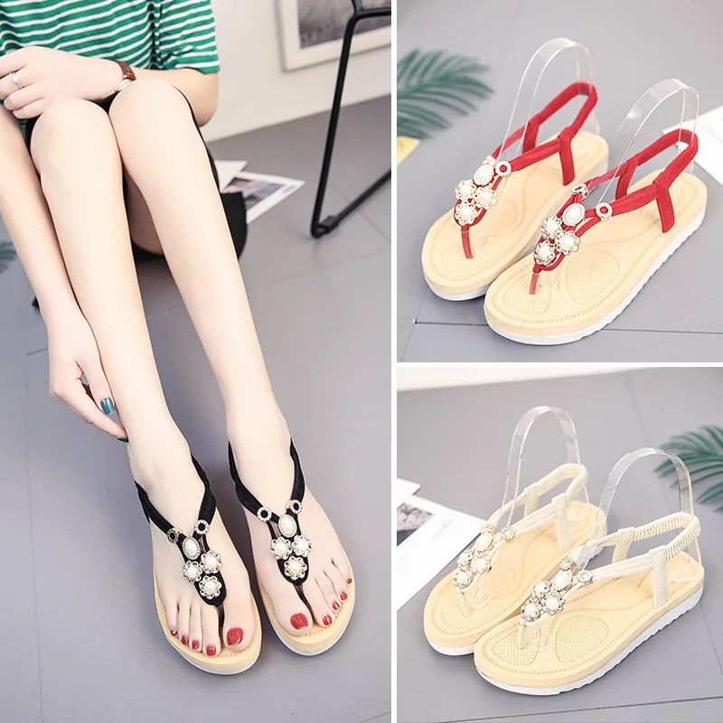 2019 новые летние женские сандалии на плоской подошве Украшенные бусинами и