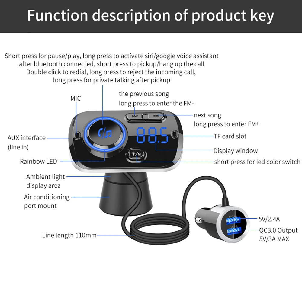 USB quick charge 3,0 Автомобильное зарядное устройство Bluetooth fm-передатчик MP3 плеер беспроводной fm-радио адаптер Поддержка 2 мобильного телефона
