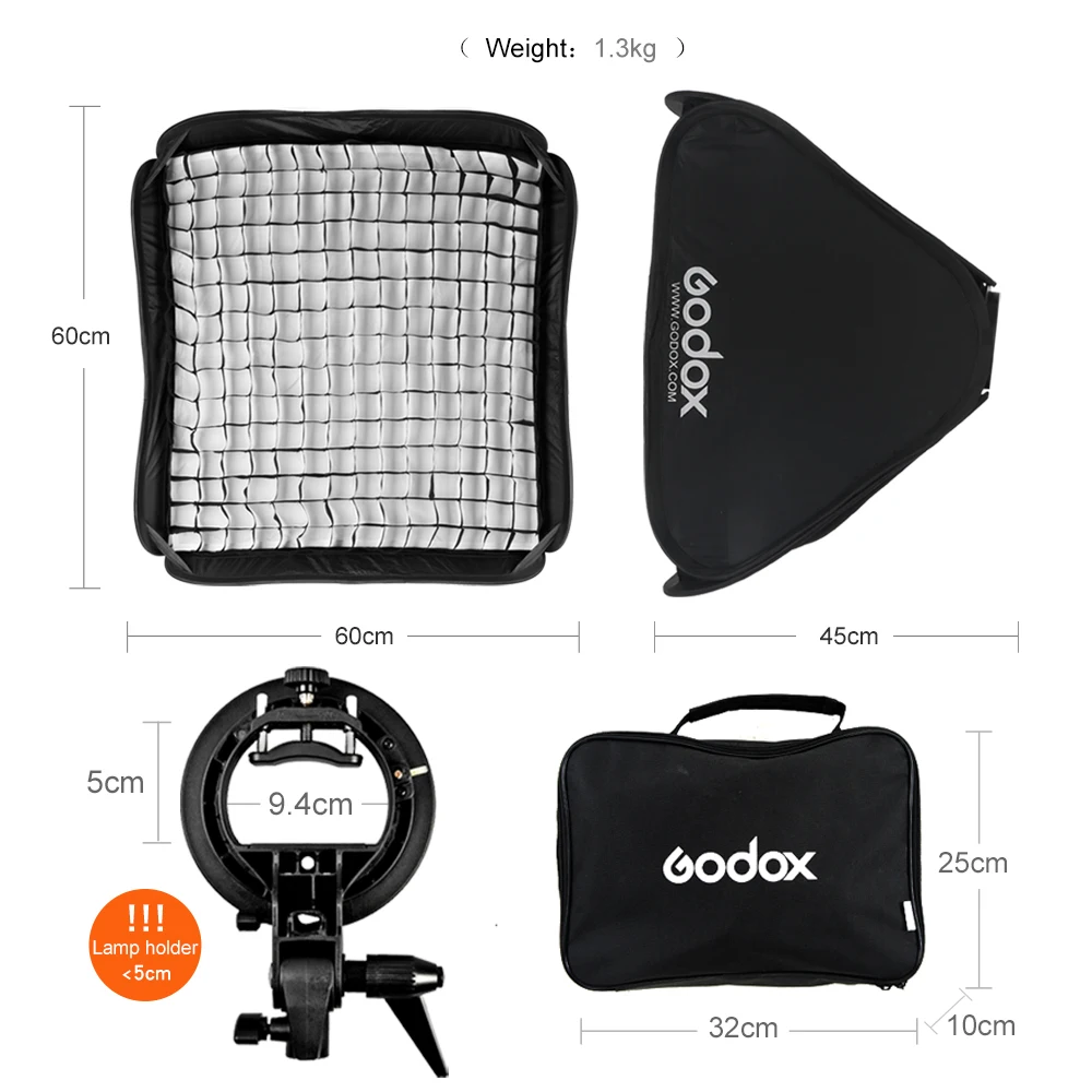 Godox Pro Регулируемая 60 см x 60 см вспышка софтбокс сотовая сетка комплект с s-образным кронштейном Bowen держатель для вспышки Speedlite