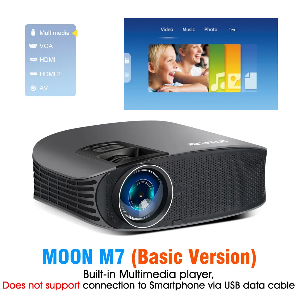 Распродажа 149$ BYINTEK бренд MOON M7 200 дюймов домашний кинотеатр HD видео светодиодный проектор для Iphone смартфон Full HD 1080P - Цвет: M7 Basic Version