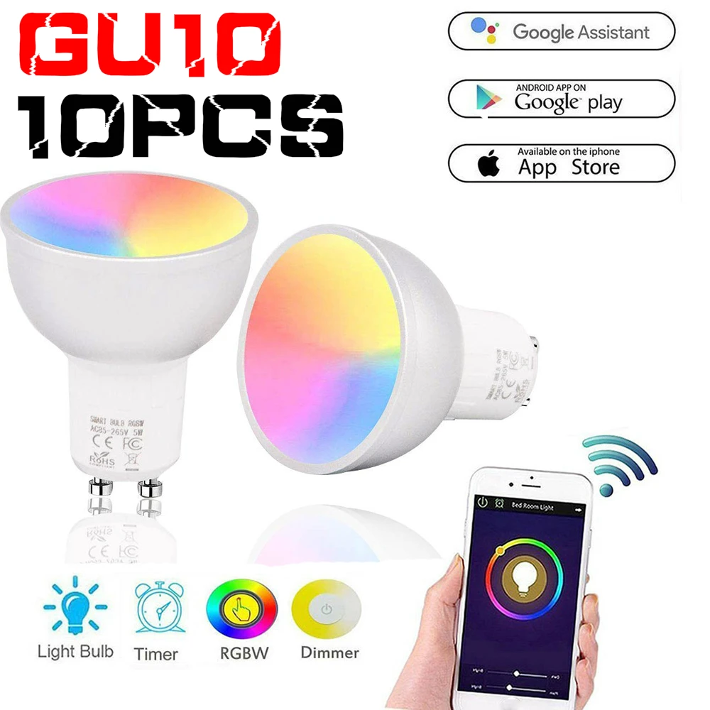 10 шт. умная лампа WiFi GU10 RGBW 5 Вт Led с регулируемой яркостью пульт дистанционного управления на смартфон планшет совместим с Alexa и Google Home