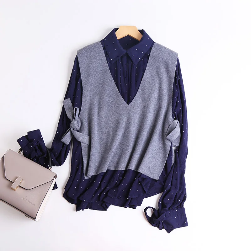 

JECH Spring Autumn New Fashion Women Cashmere Wool Knitting Big V-Neck Vests with Bow Solid Color Sweater Female Loose Pullovers