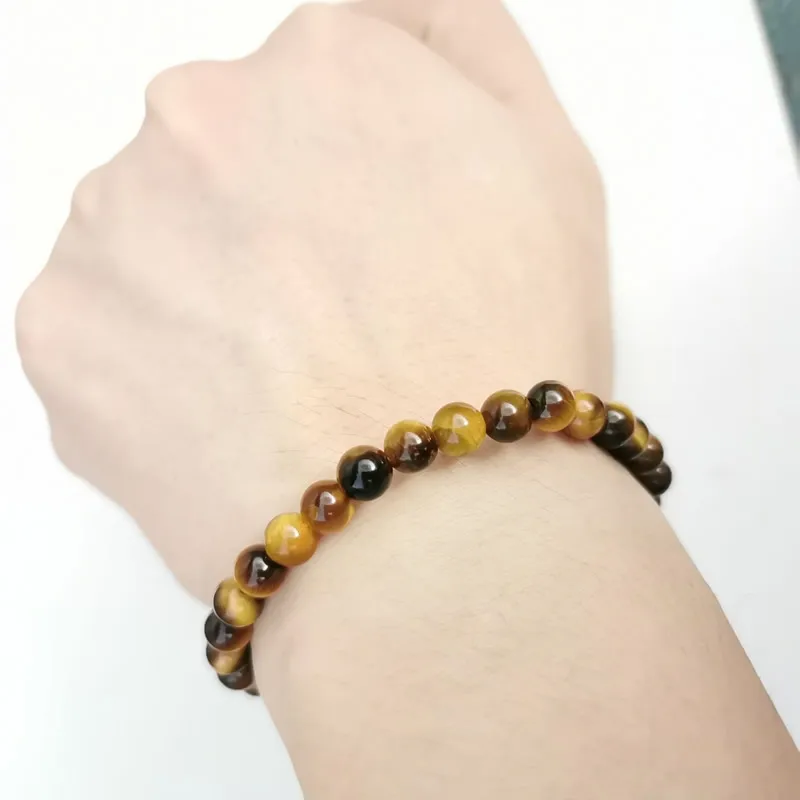 Tiger eye Минималистичный 6 мм натуральный браслет для женщин и мужчин тигровый глаз розовый кристалл вулканический каменный Агат из бисера Йога стрейч браслеты - Окраска металла: Tiger eye