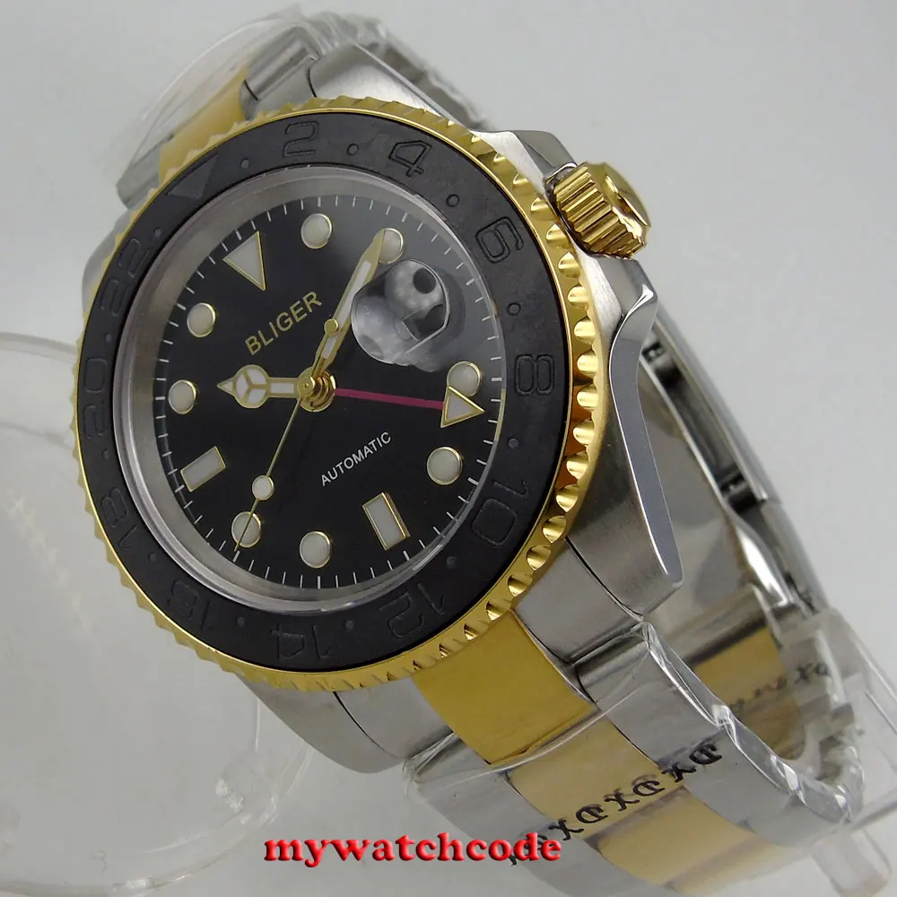 

40mm bliger black dial sapphire glass ceramic bezel GMT date automatic men watch