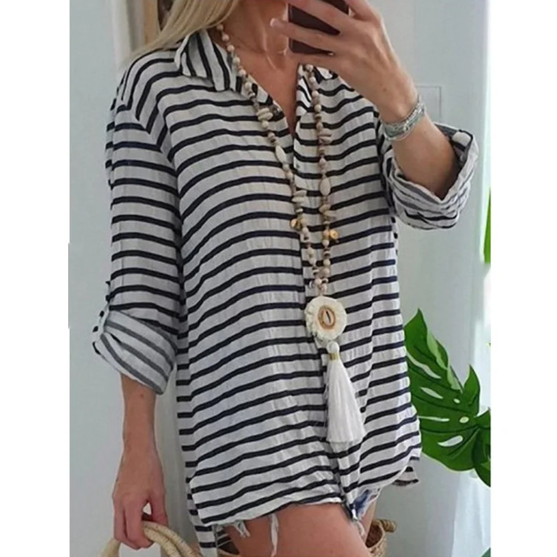 Blusas Femininas женские блузки в полоску рубашка с длинным рукавом бохо отложной