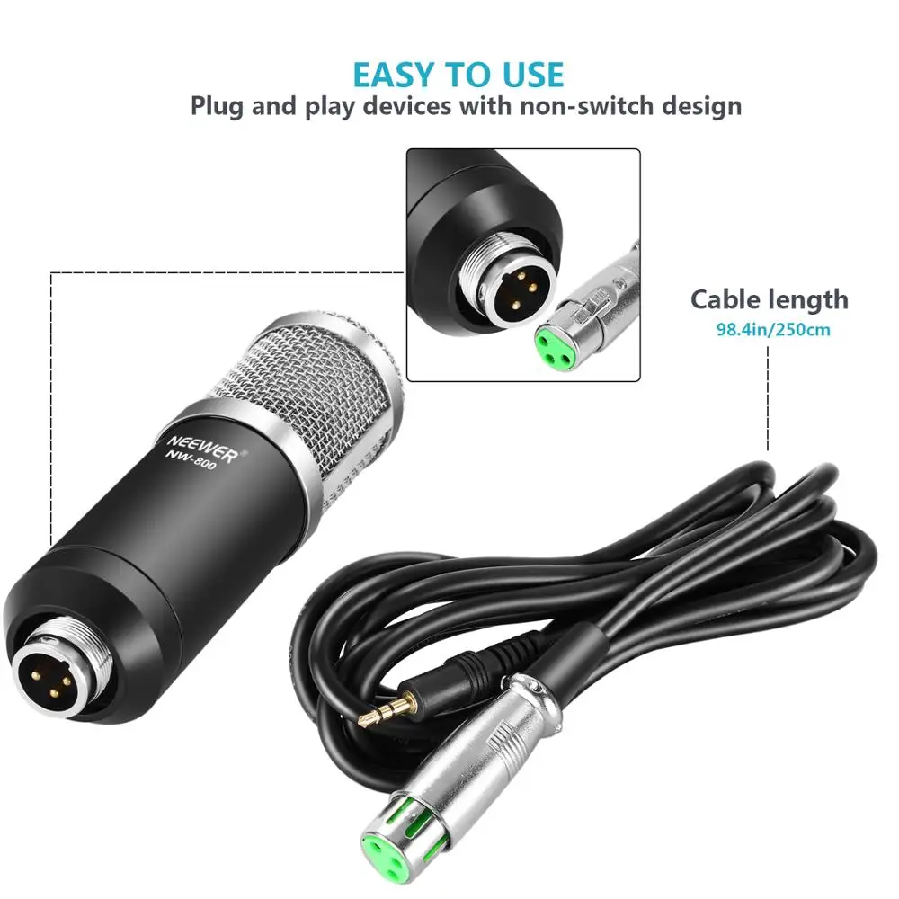 Neewer NW-800 конденсаторный микрофон (черный/серебристый) комплект с USB Звуковая карта