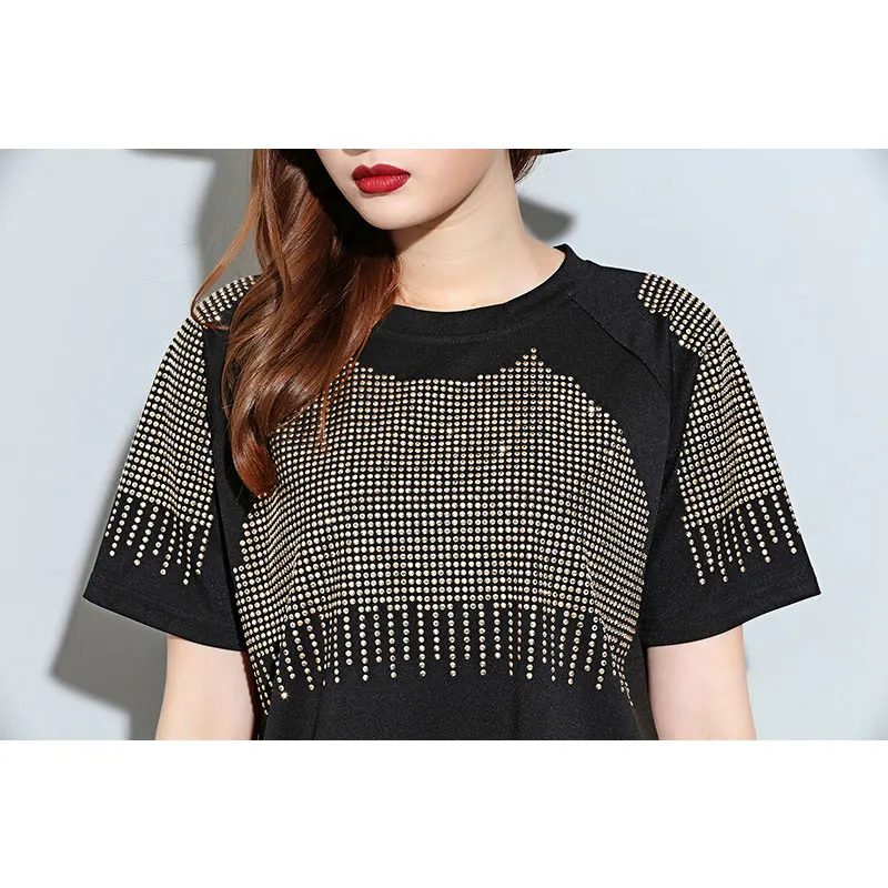 Женское платье рубашка с коротким рукавом черное заклепками и стразами