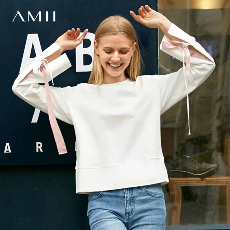 Amii Минималистичная Женская Толстовка Harajuku с капюшоном, весна, повседневные однотонные Женские топы с длинным рукавом на шнуровке с круглым вырезом