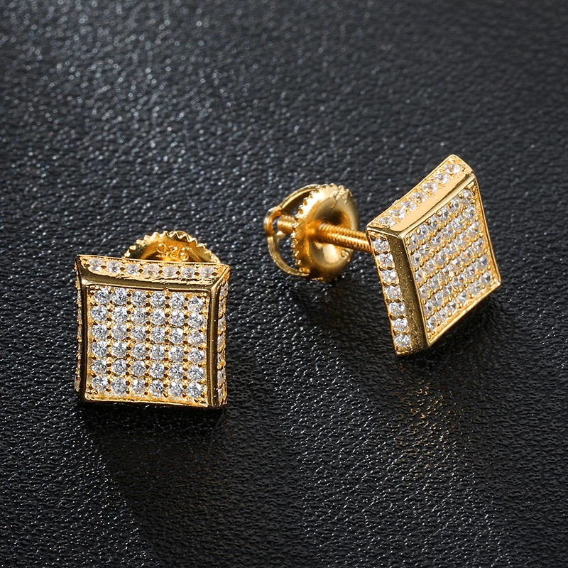 Хип-хоп CZ Циркон квадратный Bling Iced Out микро полностью проложенный горный хрусталь Золотая Сережка-гвоздик Медные мужские серьги ювелирные изделия