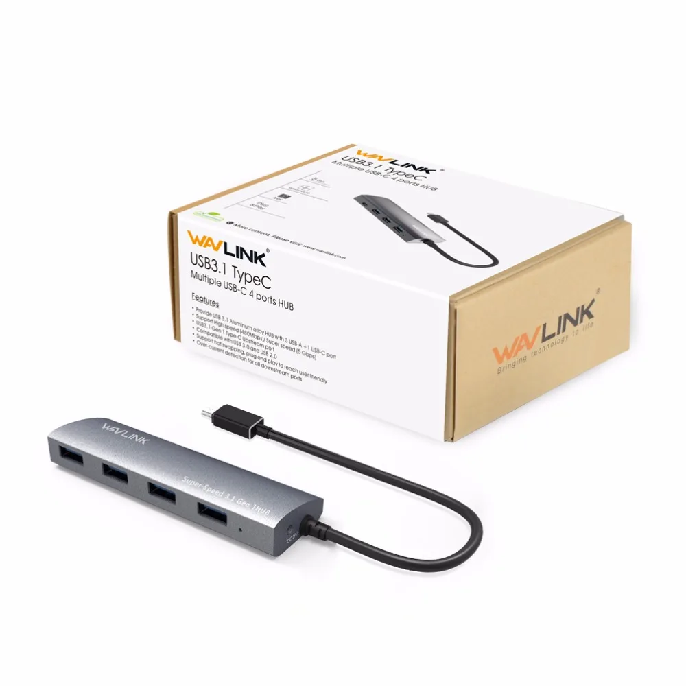 Wavlink USB 3,1 Тип C концентратор 4-Порты и разъёмы USB 3,0 Hub адаптер Алюминий тела Тип-C USB хаб для Macbook, Chromebook Pixel USB-C устройств