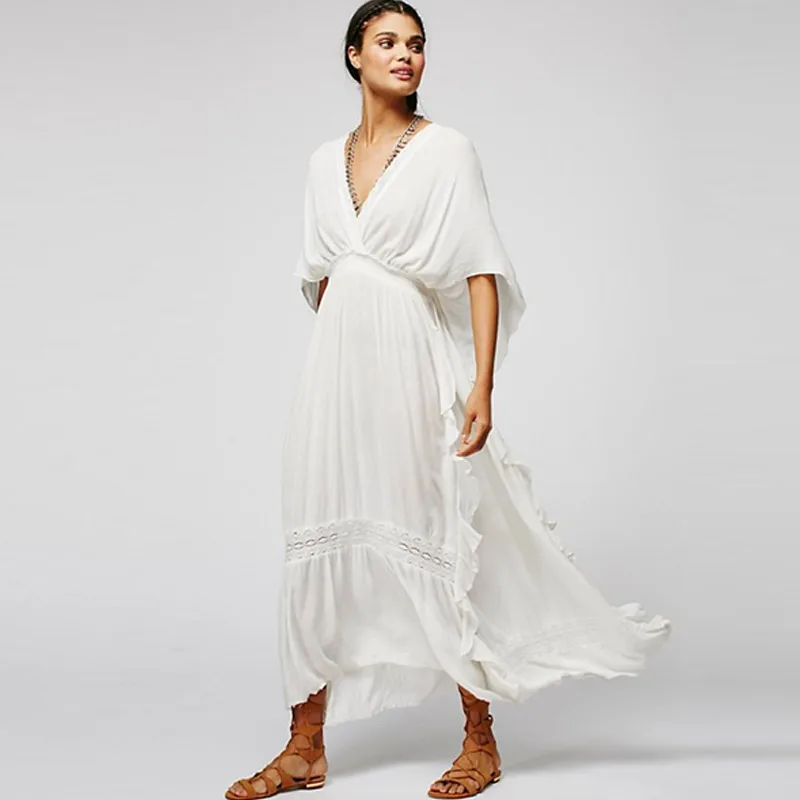 Богемное свободное платье макси с глубоким вырезом кружевной лоскутный стиль