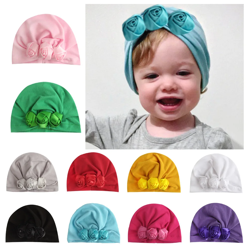 

Nishine Infant Newborn Caps with Rose Flowers Cotton Blend Kont Turban Girls Stretchy Beanie Hat Head Wear Baby Hair Accessories