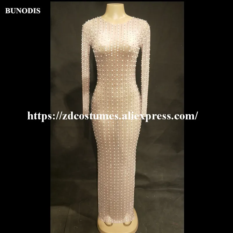 ZD414 Women Sexy Net Yarn Long Skirt Full Pearls Silver Bling Sparkling Crystals Nightclub Party Stage Wear Singer Costumes