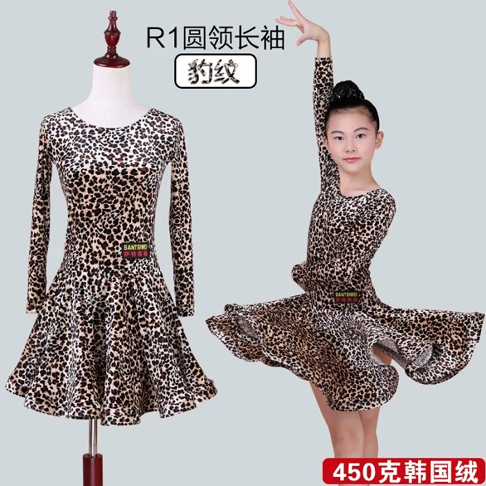 Round neck Платье для латинских танцев для девочек, бархатное бальное платье с длинными рукавами для детей, румба чача, тренировочная одежда для выступлений, DN2690 - Цвет: Round neck