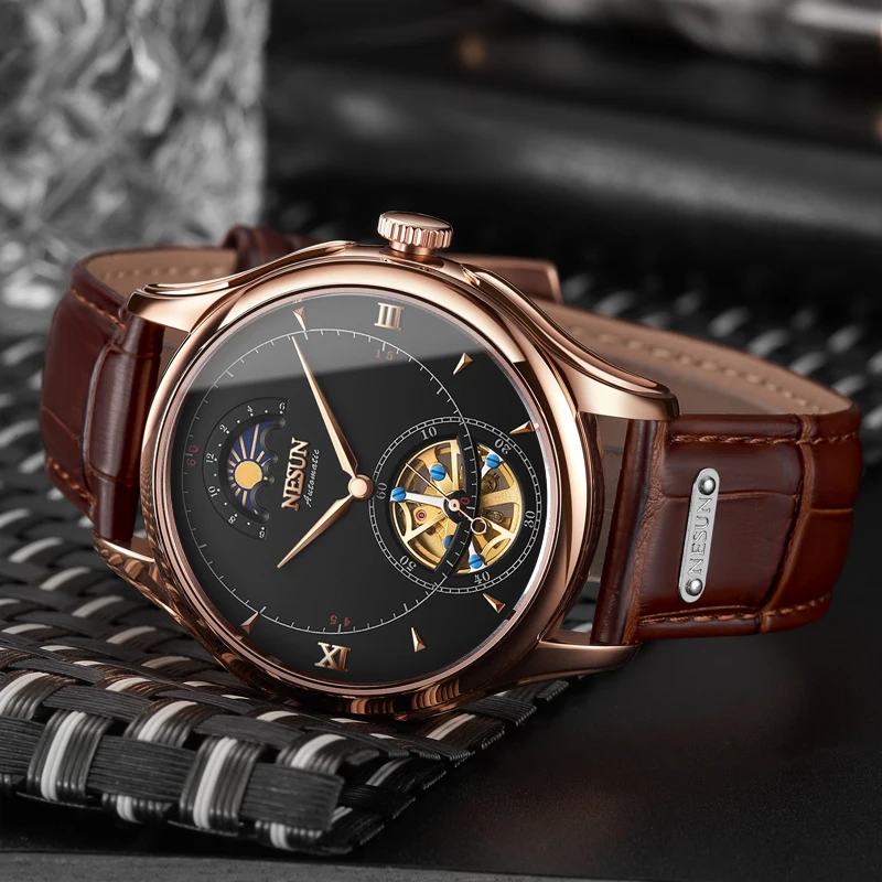 Nesun Tourbillion автоматические механические мужские часы с скелетом, роскошные Брендовые мужские часы, водонепроницаемые мужские часы, N9038-3