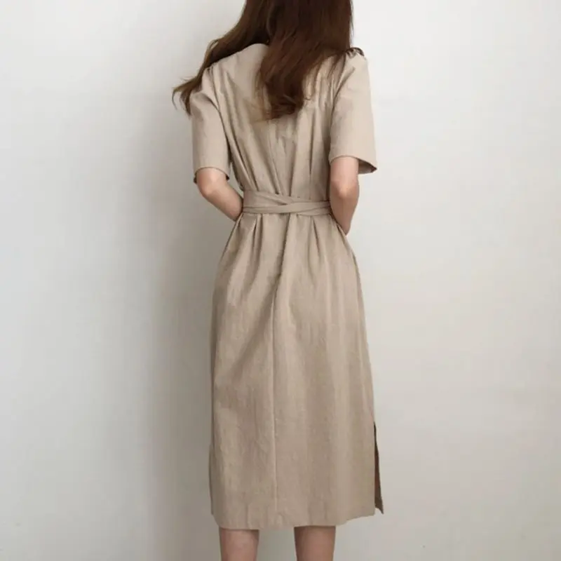 Elegant Vintage Korean Style White Chic Summer Women Midi Dresses Straight Plain Lace Up Split Khaki Female OL Lady Retro Dress | Женская