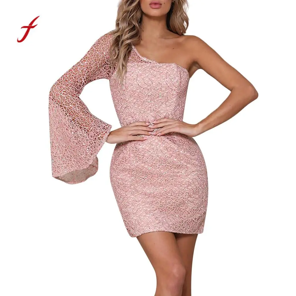 Женское однотонное кружевное платье с блестками и открытыми плечами вечерние