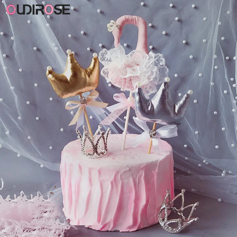 Золотая Серебряная корона Лебедь аристократический торт Топпер с днем рождения