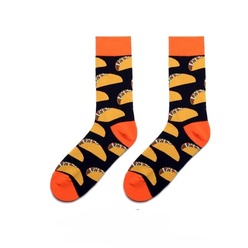 Black Orange PEONFLY Большие размеры Мужские носки хлопок красочные забавные Harajuku яйцо Фламинго чужой суши зуб Poo гамбургер - Цвет: Black Orange