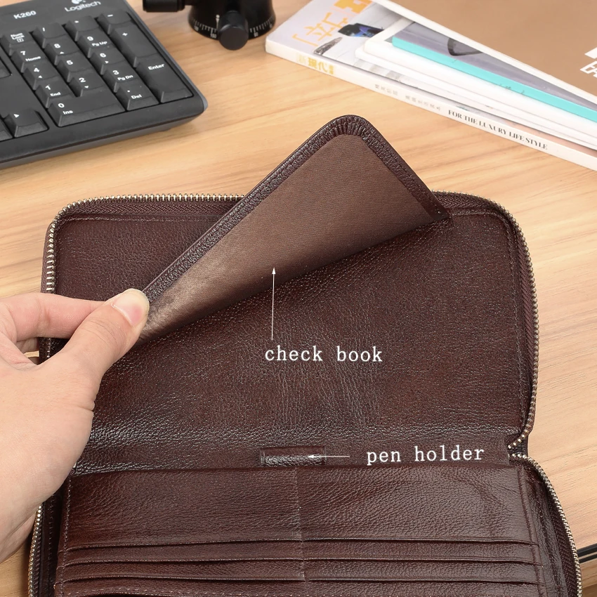 Модная мужская коричневая сумка 2016 из натуральной кожи на молнии деловой кошелек