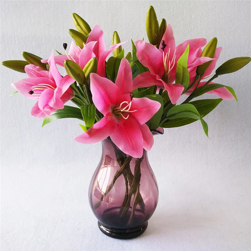 6 шт. искусственные 3 головки 36 см реального прикосновения Лилия цветы латексные