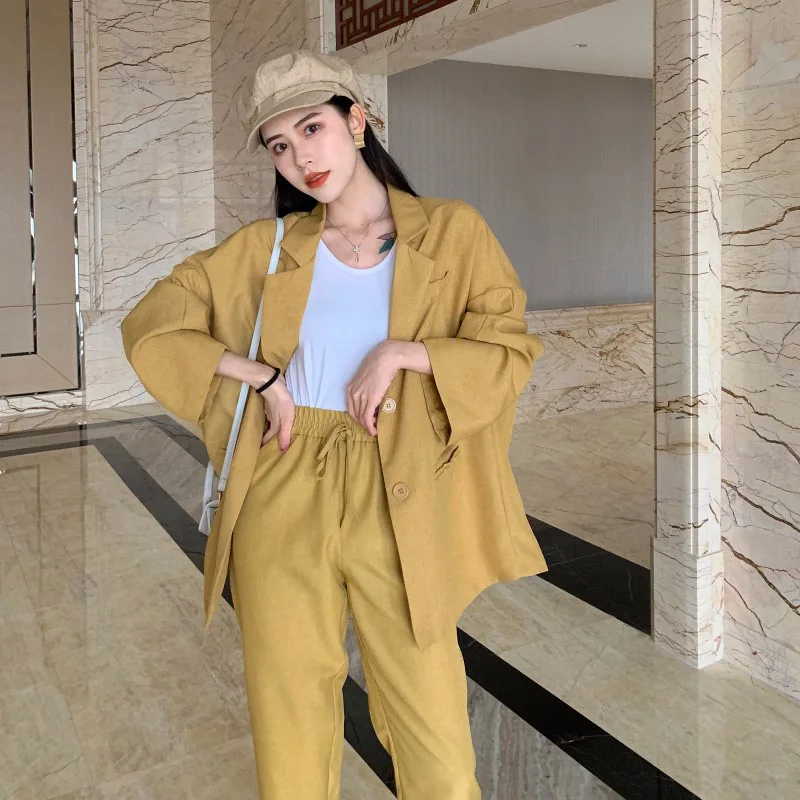 Only Yellow Blazer Новое поступление, женский желтый костюм с фигурными штанами, рукав летучая мышь, оверсайз-Блейзер, штаны с высокой эластичной талией, повседневный комплект из 2 предметов, S96104F - Цвет: Only Yellow Blazer