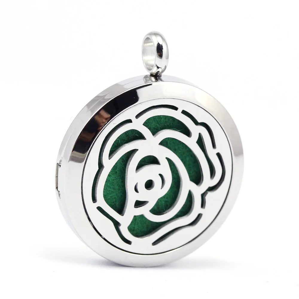 

30mm 316L stainless steel rose flower design aroma aromatherapy essential oil diffuser necklace