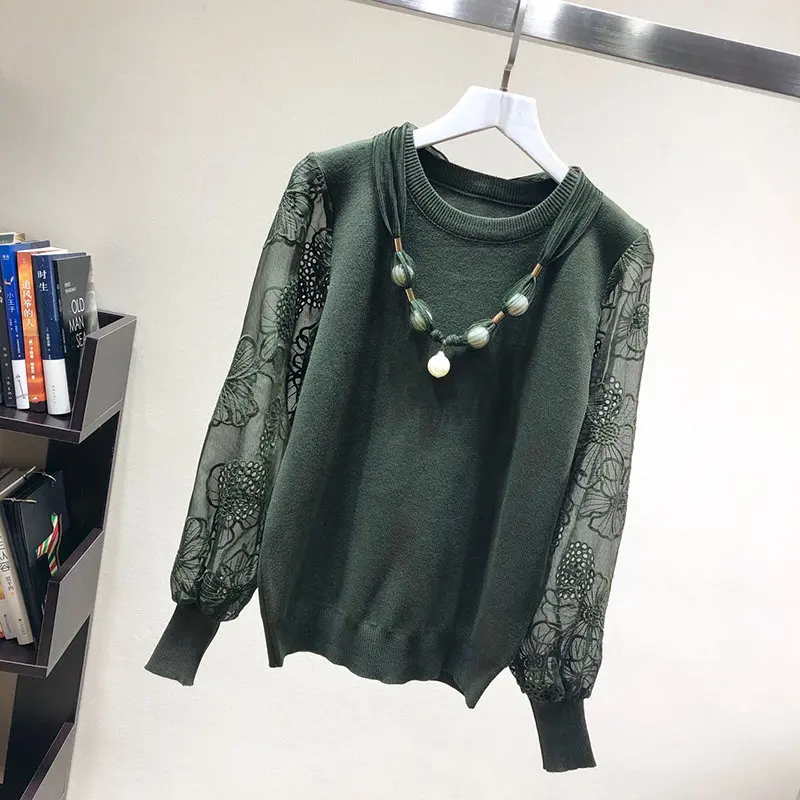 LUOSHA Women Autumn Winter Knitted Embroidery Flower Lace Patchwork Pullovers And Sweater Female Jumper Pull Femme Top | Женская одежда