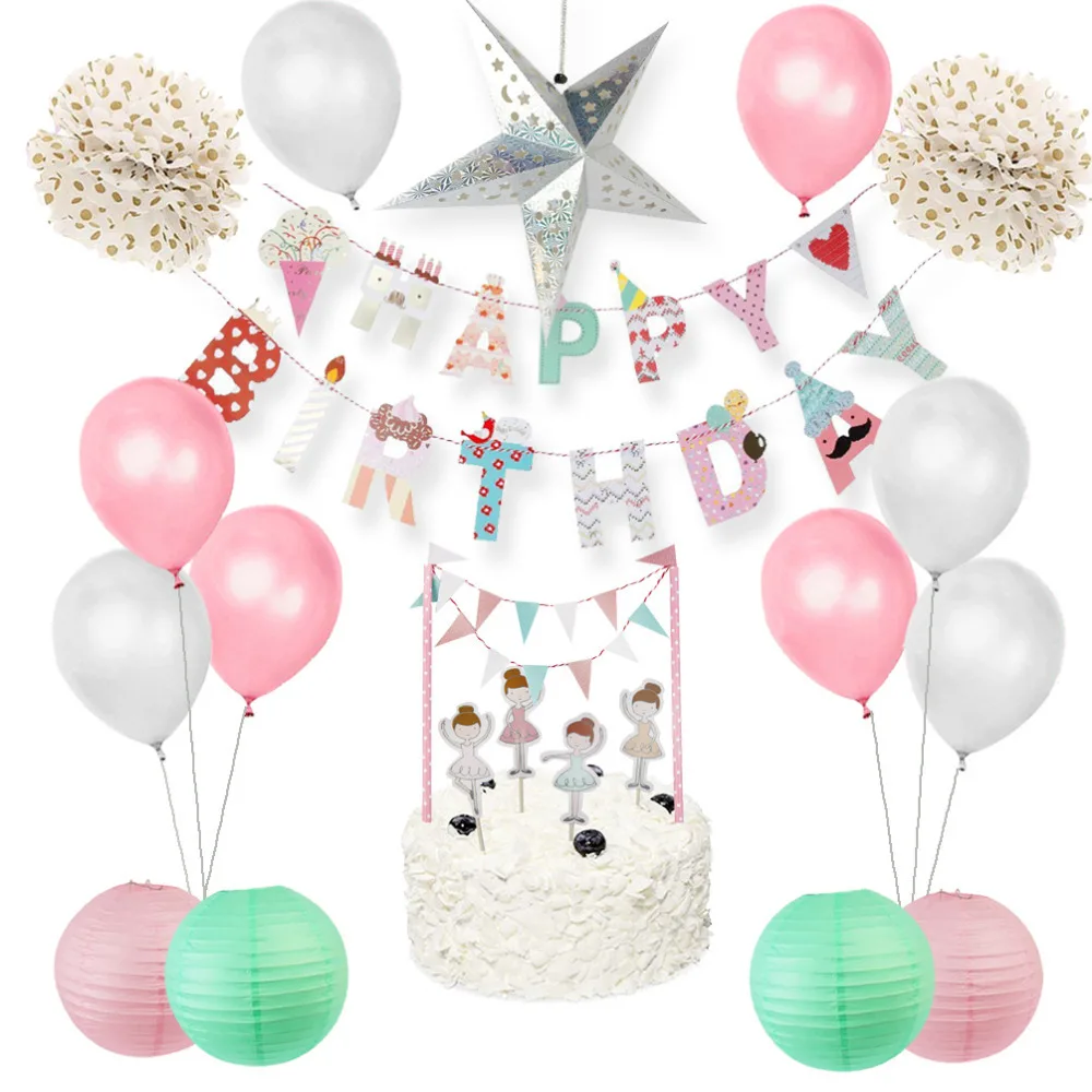 Украшения на день рождения Kids19pcs/комплект с торт Топпер шары подвесные плакат "с днем рождения" на день рождения для девочек вечерние