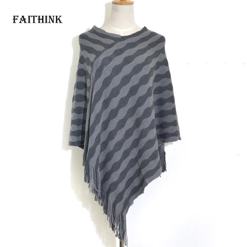 [FAITHINK] женский теплый зимний пончо с кисточками и накидки толстый кардиган