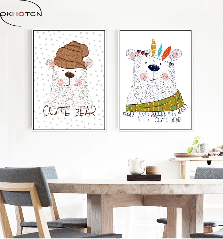 

OKHOTCN Nordic Style New Art Poster Art Canvas pictures Painting Wall Picture Print Modern Home Decor Cute Bear With Hat Honey