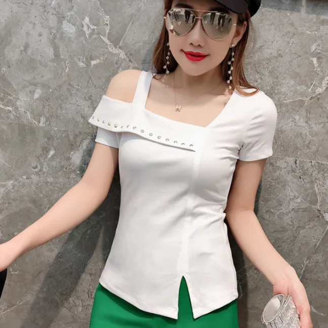 Летняя женская футболка с открытыми плечами и стразами 2019 Женская Сексуальная