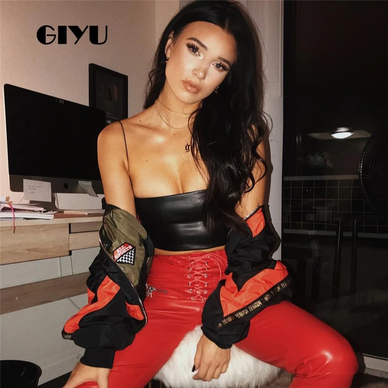 GIYU/Летние черные тонкие топики из искусственной кожи обтягивающие женские