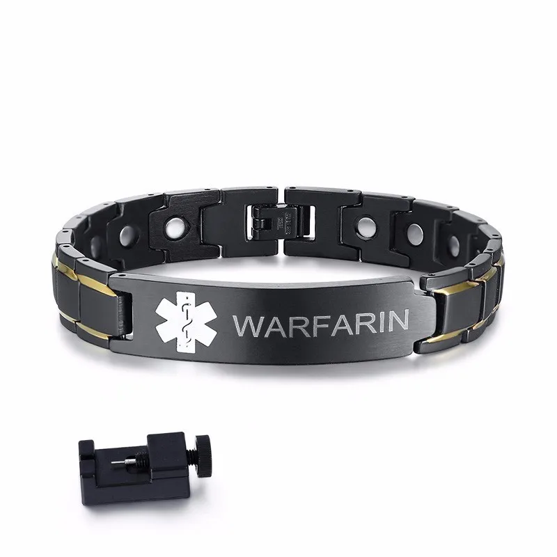 WARFARINCDQ Тип 1 и 2 диабет крови тоньше WARFARIN медицинские символы нержавеющая сталь магнитный браслет в черный мужской ювелирные изделия - Окраска металла: WARFARINCDQ